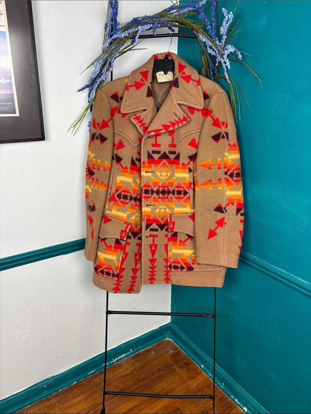 Pendleton Tan Wool Peacoat with Red & Orange Navajo Pattern